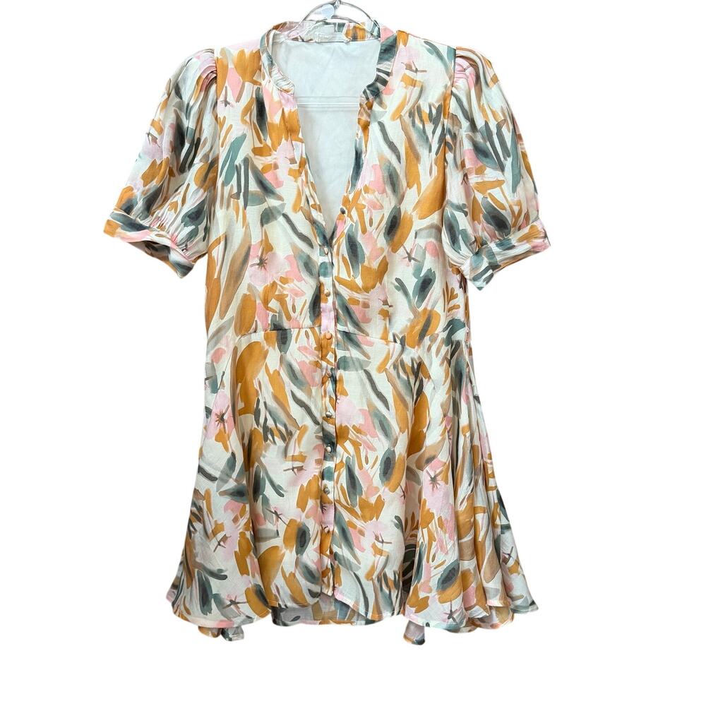 Entro Size Large Boutique Dress Colorful Abstract Print Puff Sleeve Casual
